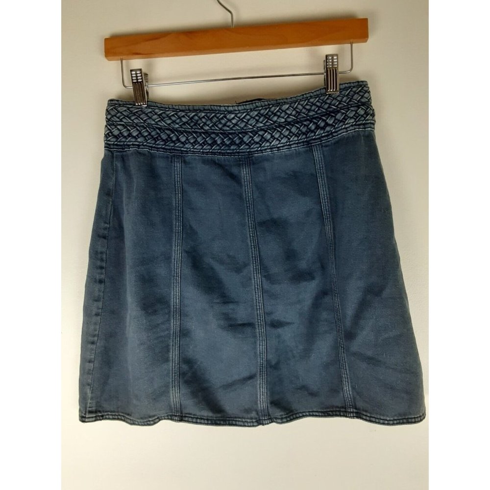Free People Blue Denim Hemp Blend A-Line Mini Skirt Woven Braided Waist Boho 6 - Picture 4 of 8
